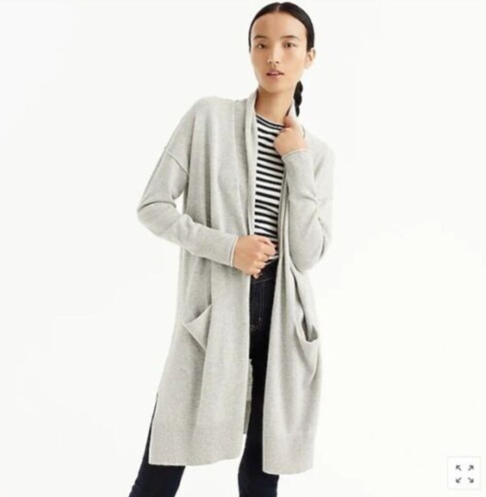 J.Crew Light Gray Open Front Long Duster Cardigan Sweater Pockets LS Size XXS